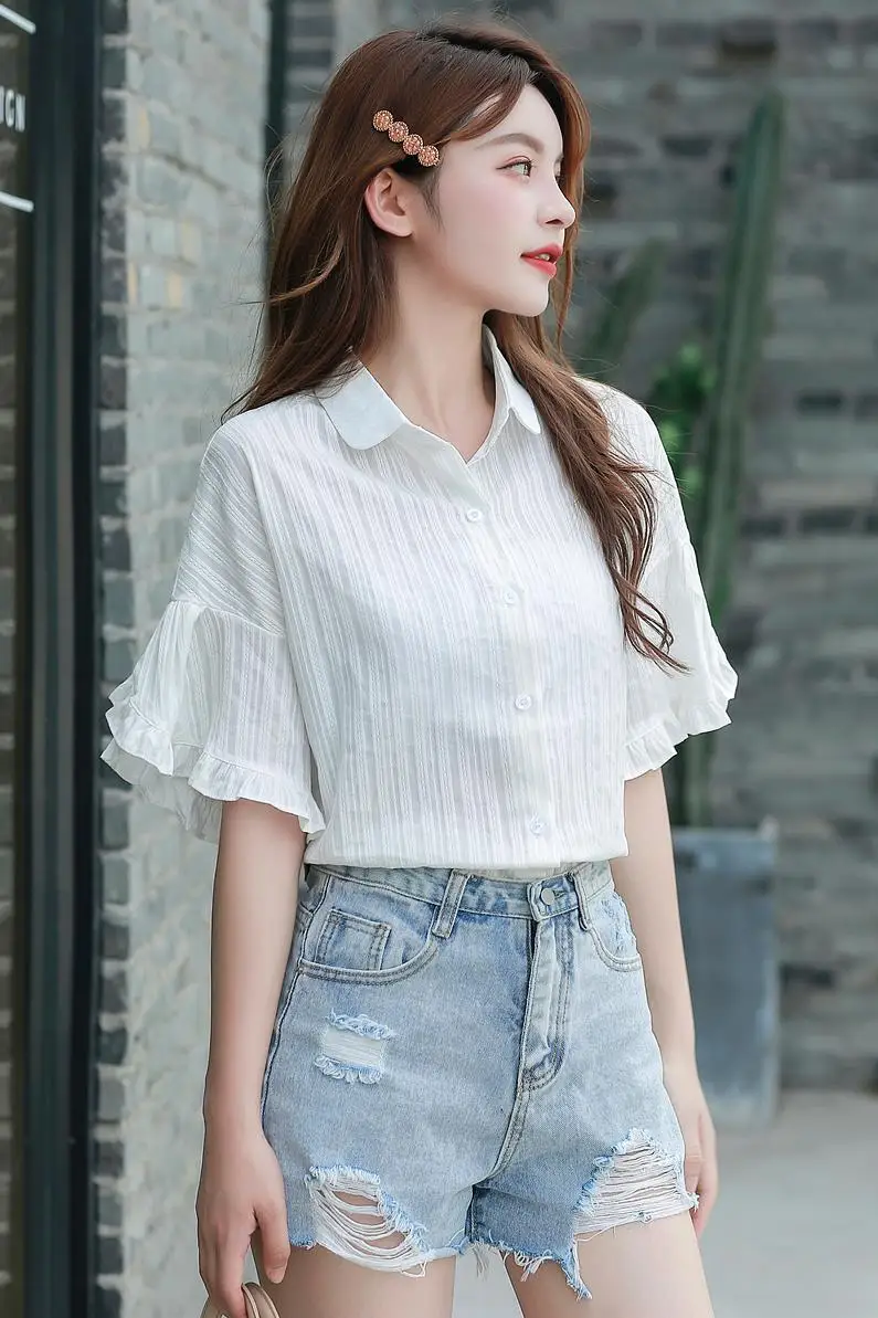 

COIGARSAM Ruffles Shirt Womens tops Summer Short Sleeve Women shirts White 8252