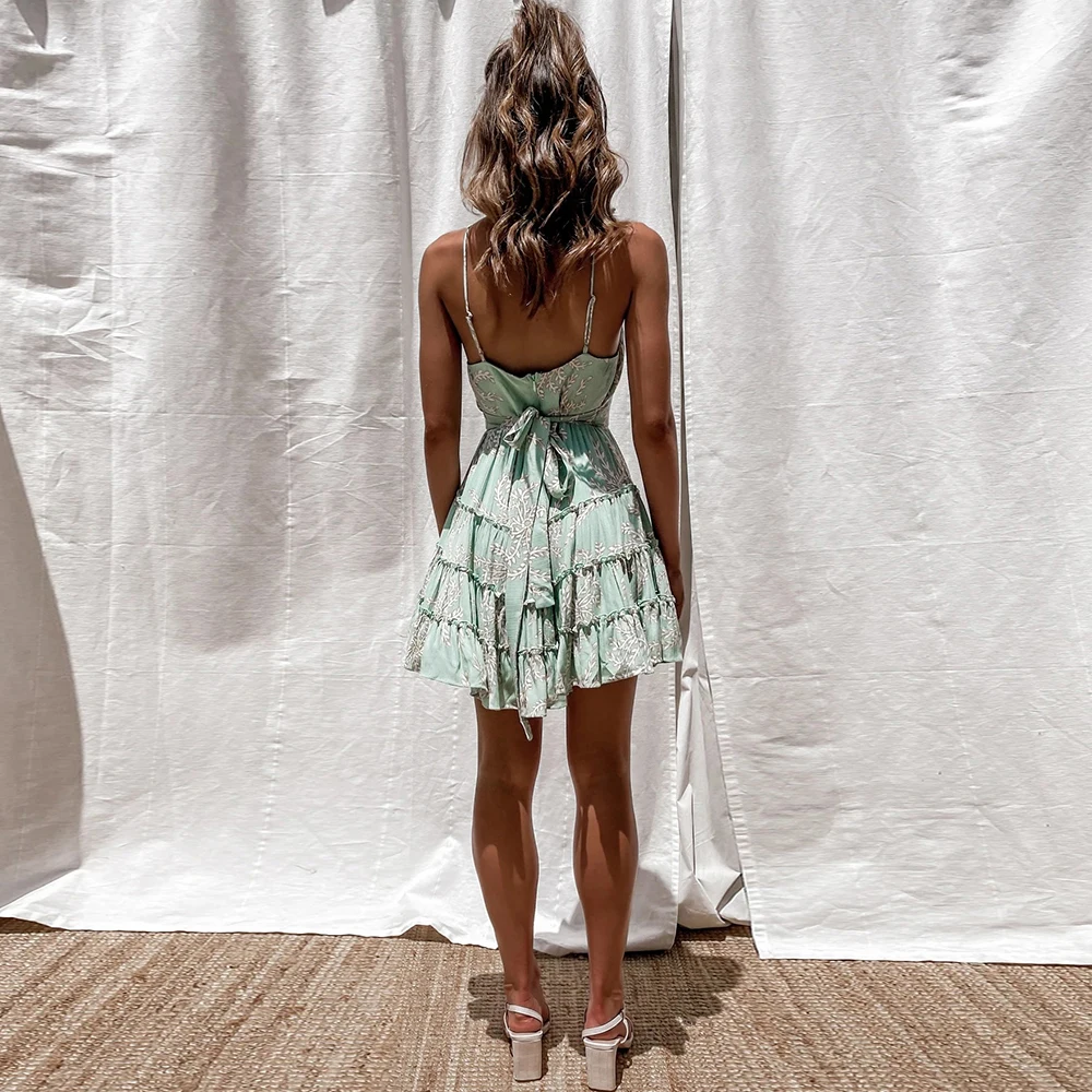 

Summer Women Dress 2021 Strap Backless Sexy Casual Ruffles A Line Dress Floral Print Bohemian Holiday Short Dresses