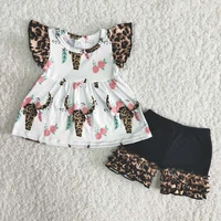 wholesale kids high quality summer short sleeve outfits girl cute cow pattern top icing ruffle shorts with leoprd