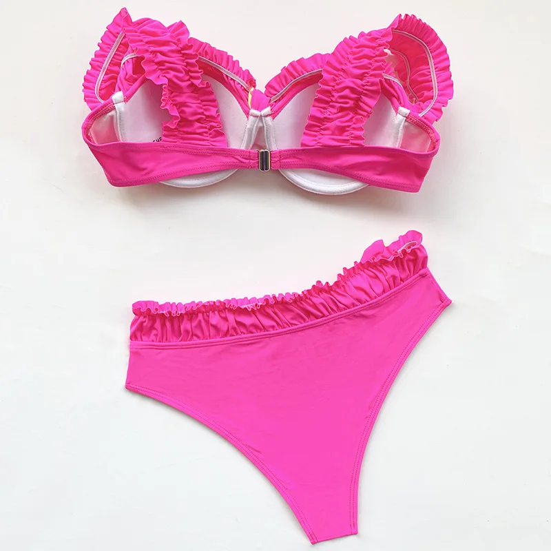 

Sexy Bra Cup Off Shoulder Ruffled Bikini Women Swimsuit Female Swimwear Two pieces Bikini set Underwired Push up Bathing Suit