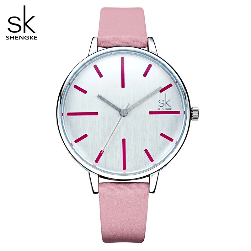 Женские кварцевые часы Shengke с кожаным ремешком женские розовым повседневные Reloj