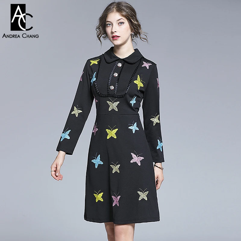 Женское винтажное платье выше колена желтое синее розовое с вышивкой бабочки