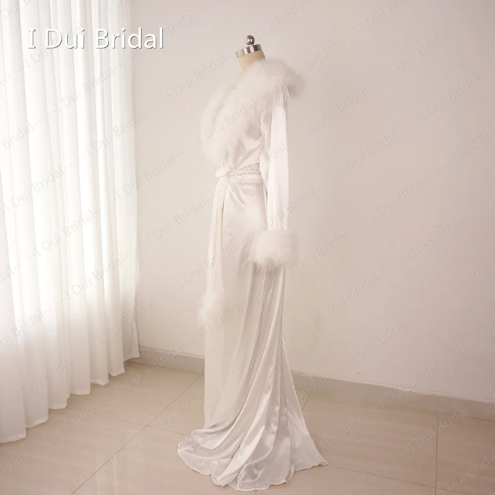 Ivory Satin Feather Robe Long Sleeve Bride Get Ready Dress with Belt A Line Floor Length Fur Collar and Cuff images - 6