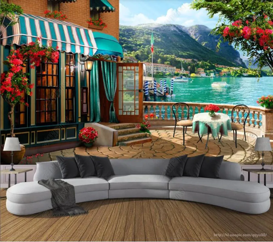 

Papel de parede Coffee shop balcony garden lake view 3d wallpaper mural,iving room tv wall bedroom wall papers home decor