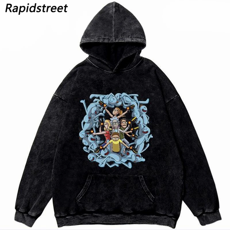 

Men Hip Hop Streetwear Oversize Hooodie Washed Sweatshirt Cartoon Print Hooded Hoodie 2021 Winter Harajuku Cotton Pullover Black