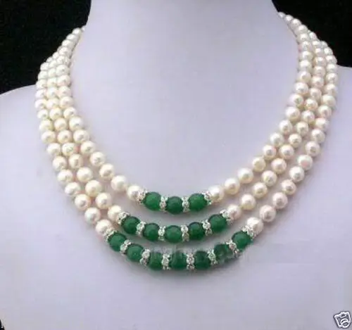 

HABITOO 3 Rows 7-8MM White freshwater Cultured Pearl Necklace Pearl and Green Jade Jewelry Chains Necklace for Woman