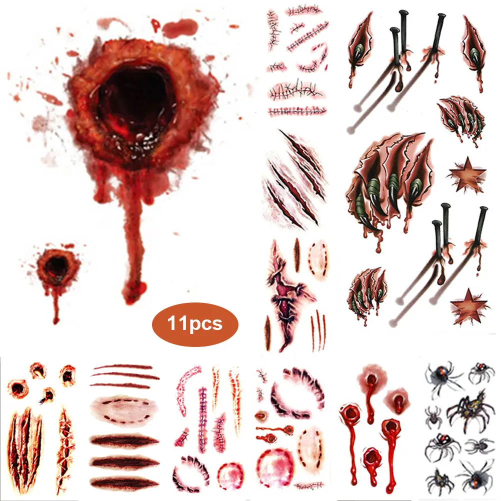 11 шт. 2019 искусственная Татуировка Хэллоуин ужасная рана временная татуировка