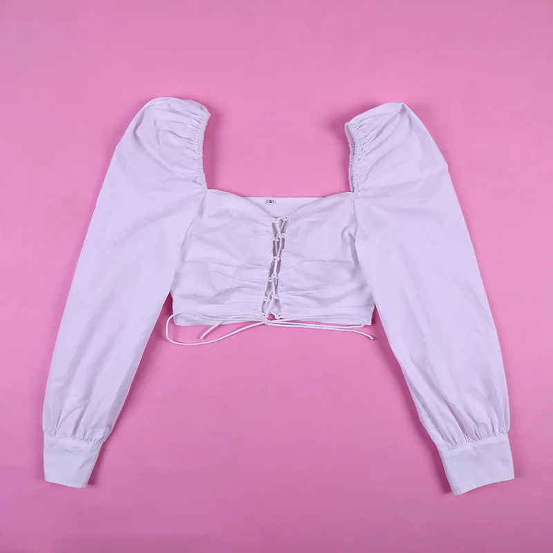 

New Long Sleeve Crop Top Women Fashion Lace Up Top Ladies Puff Sleeve White Blouse Blusas Streetwear Autumn Spring Shirt