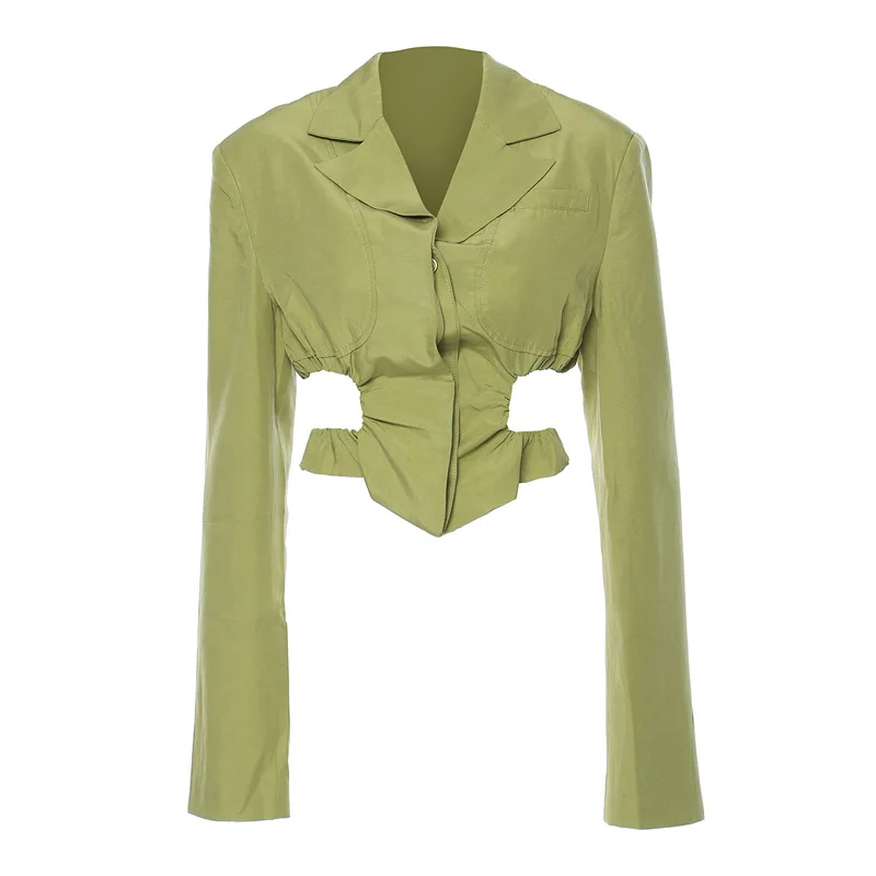 

GetSpring Women Blazer Linen Hollow Out Long Sleeve Ladies Coat Short Suit Jacket Fashion Slim High Waist Autumn Tops 2021 New