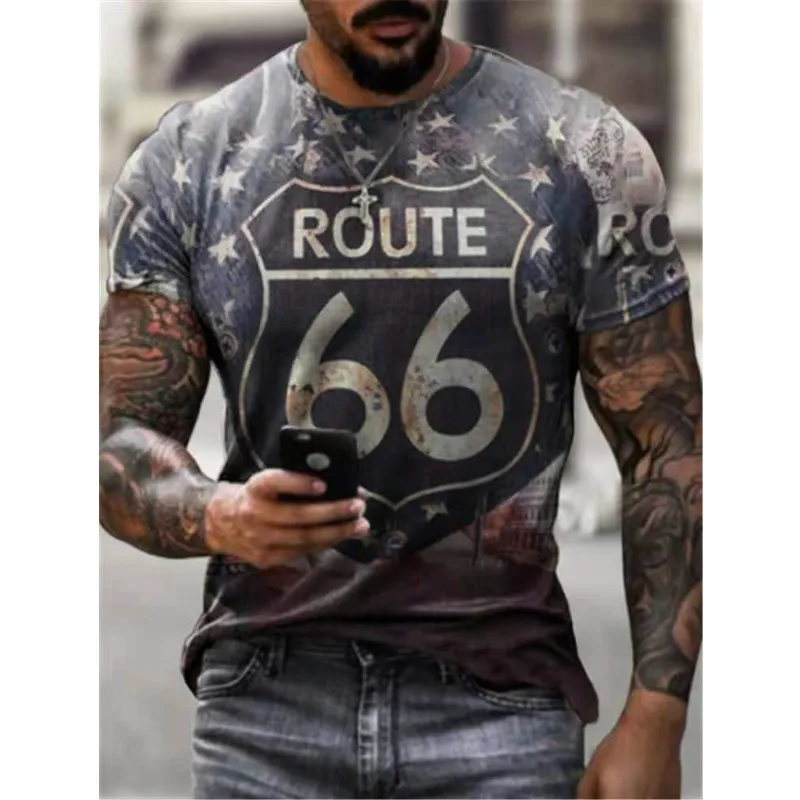 

Summer Fashion Men's Route 66 T-Shirt Trend Pattern Oversized Short Sleeve Street Hip Hop Fitness Sports Top 2021 New
