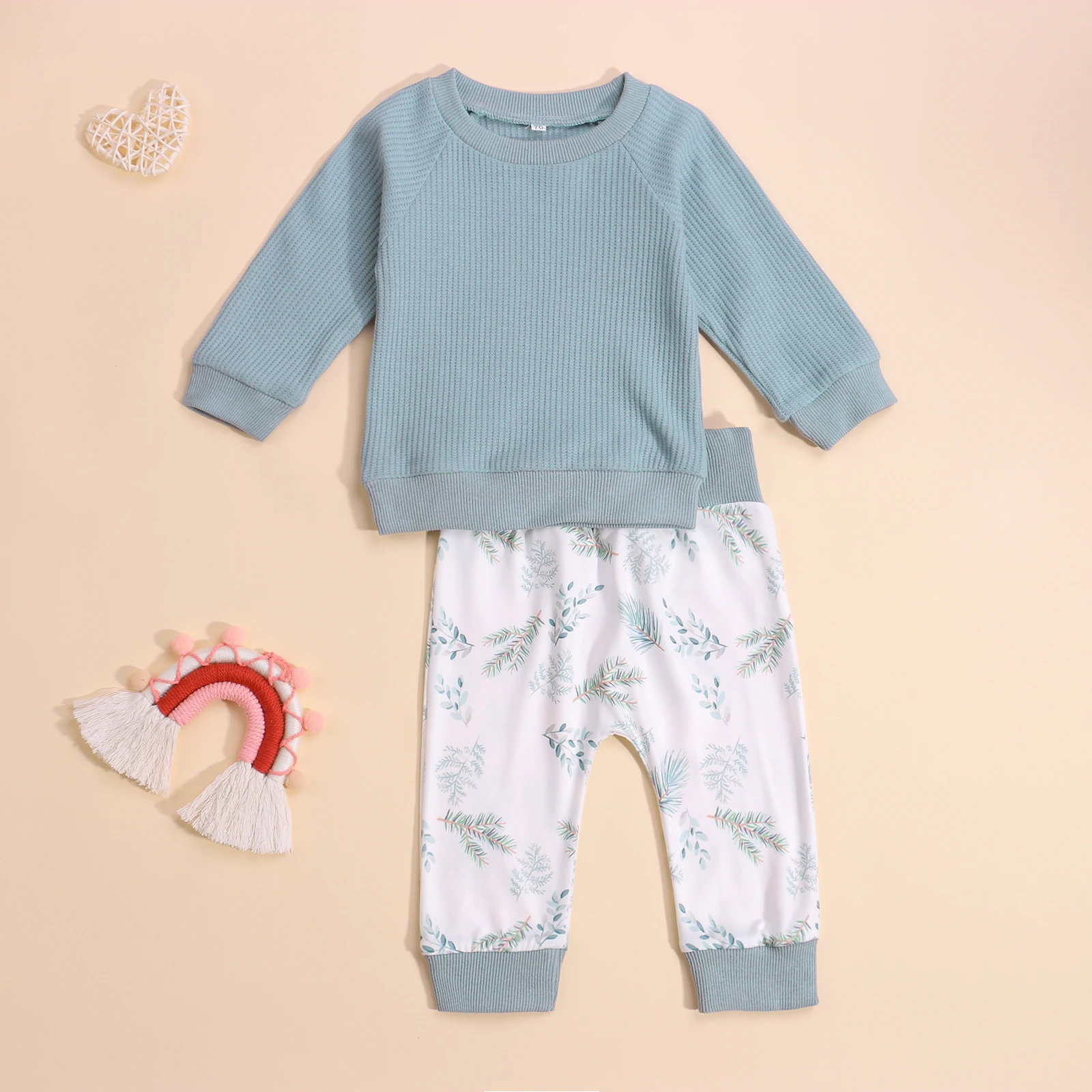 

2Pcs Baby's Sets Toddler Solid Color Long Sleeve Pullover Printed Elastic Waist Pants Little Boys Girls Spring Autumn 0-24Months