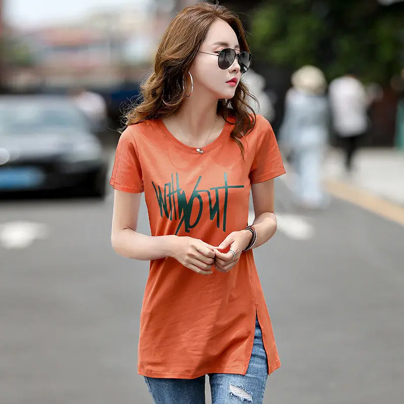 

2021 Summer New Style Women's Blouse Mid-Length White T-Shirt Women's Short-Sleeved Korean Women's Body