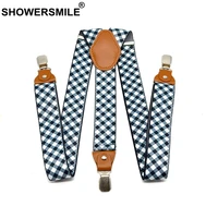 showersmile mens suspenders checkered wedding formal braces elastic suspender straps mens trouser belt 3 5120cm men accessories