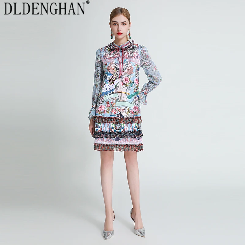 

DLDENGHAN Fashion Cartoon Print Dress Women's Elegant Ruffles Stand Collar Flare Sleeve Party Dresses Designer Autumn New