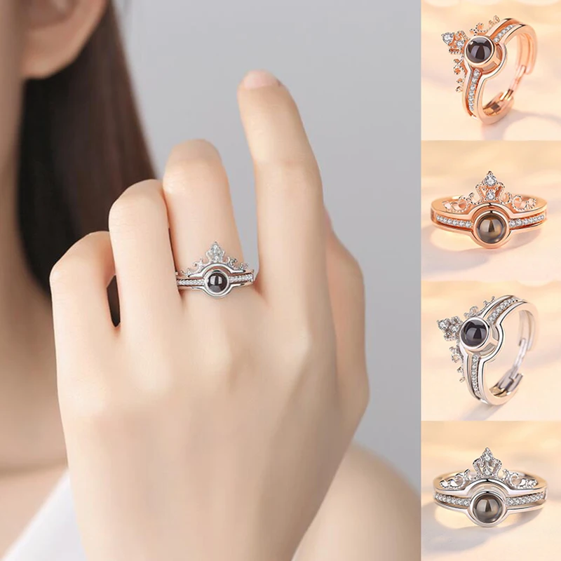 Кольцо с короной из розового золота и серебра 100 языков я люблю тебя проекция