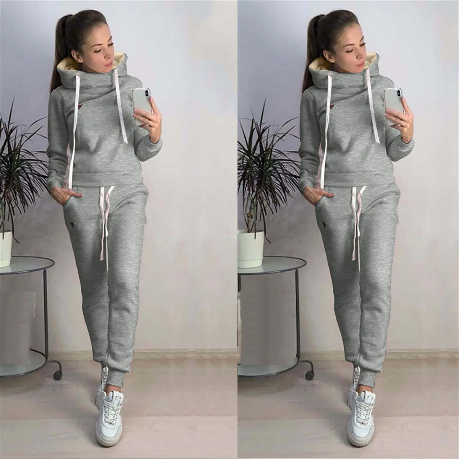 

Winter 2 Piece Women's Sets Women Casual Solid Hooded Long Sleeve Sport Tops Long Pants Set 2021 Workout Gym Sportwear