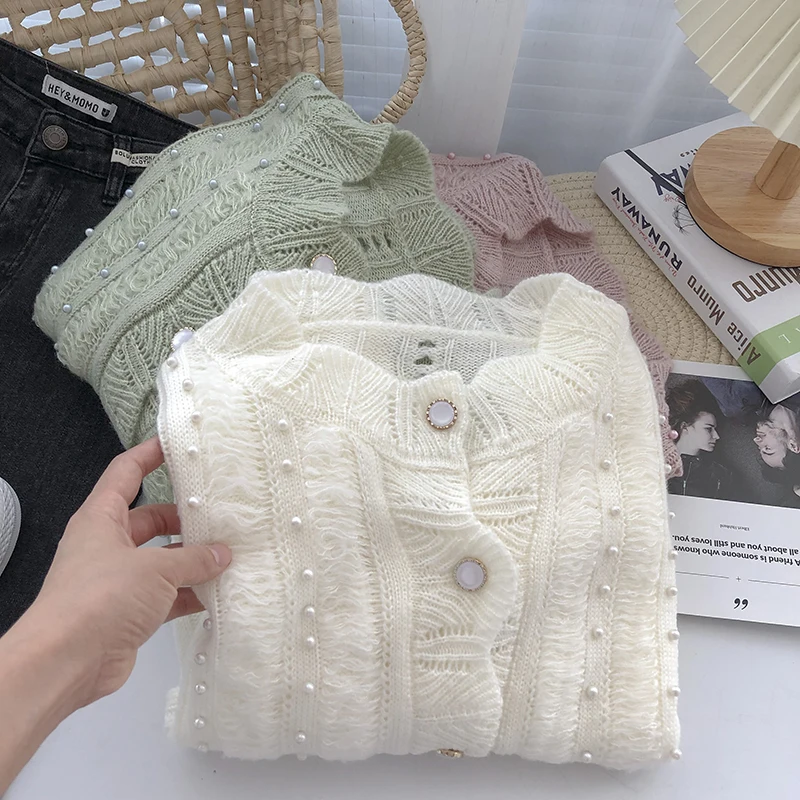 

Jacquard stand-up collar Elegant Long-sleeved knitted soft cardigan women's autumn Korean sweet loose beaded sweater cardigans