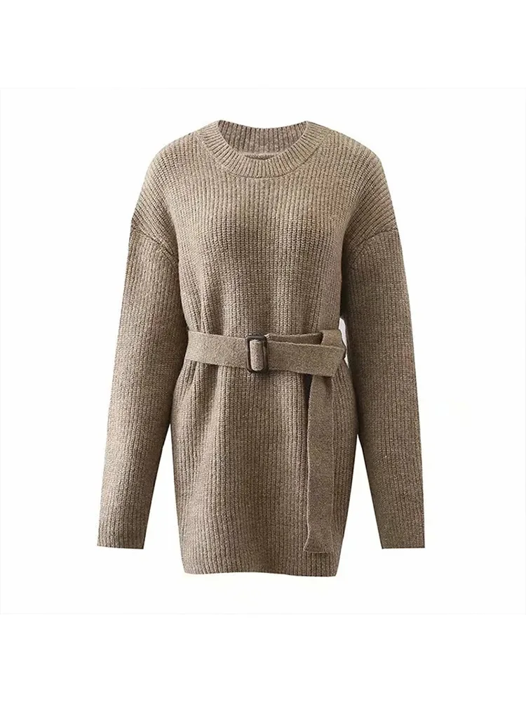 

Winter Knit Sweater Mini Dress Women Casual Long Sleeve Tunic Sweater Dress with Belt