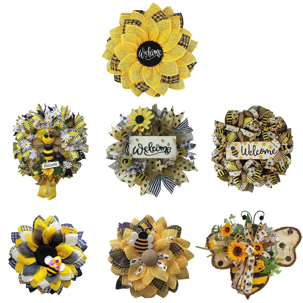 

Happy Bee Day Wreath Front Door Bee Sunflower Hanging Decoration Happy Honey Bee Ornament Craft For Home Wall Spring Decor