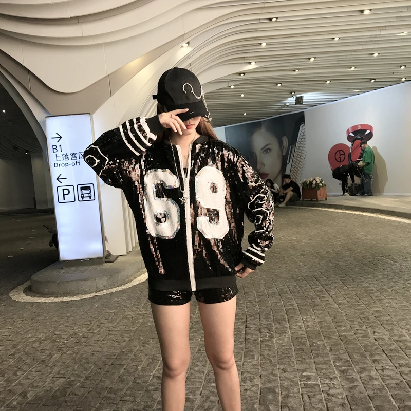 Бейсбольная куртка бомбер с блестками блестящее Женское пальто номером 96