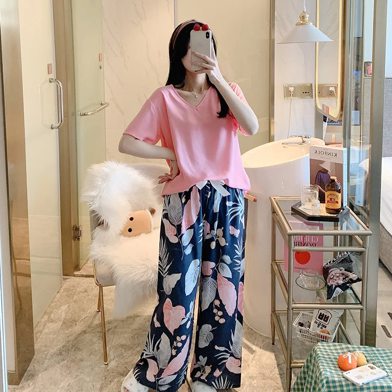 

2021 New Artificial Cotton Pajama Sets Women Summer Net Red Short-sleeved Wide-leg Pants Sleepwear Women Conjuntos De Mujer