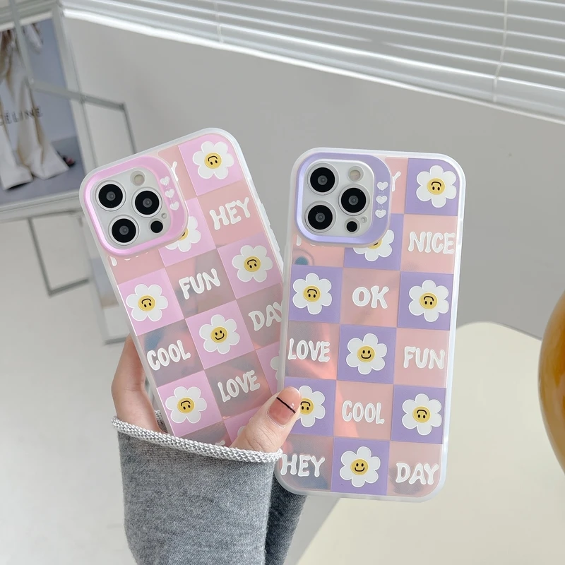 cute cartoon lattice flower korea phone case for iphone 12 11 pro max x xs max xr 7 8 puls cases blu ray soft silicone cover free global shipping