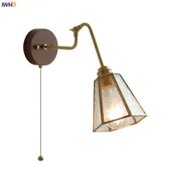 IWHD Wood Canopy Nordic Wall Lamp Sconce Pull Chain Switch Home Lighting Copper Arm LED Stair Light Wandlamp Applique Murale
