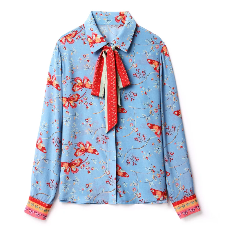 

100% Silk Women's Shirt Turn Down Collar Long Sleeves Lace Up Bow Printed Fashion Casual Blouse Tops Camisas