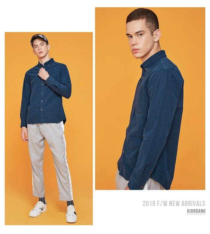 Giordano мужская приталенная рубашка slim fit,из натурального хлопка, с длинными рукавами