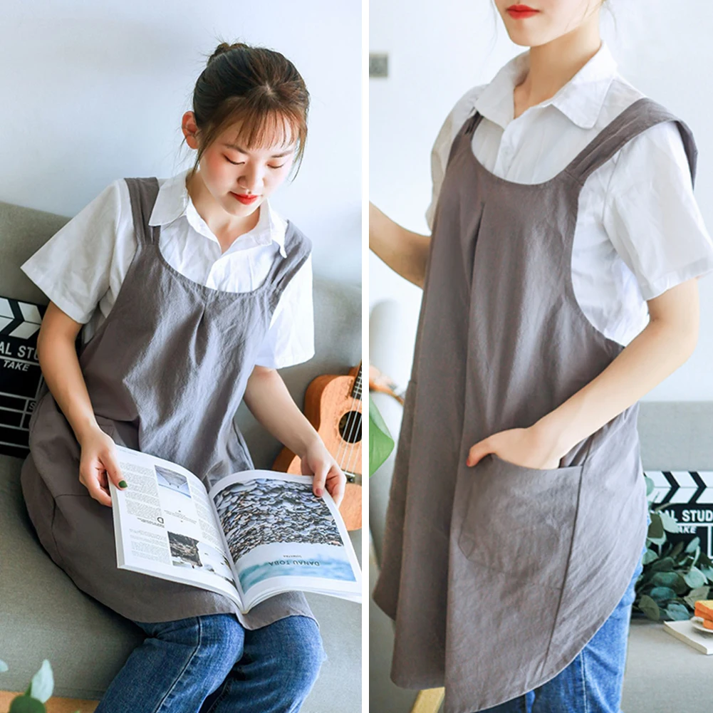 

Women Reusable Kitchen Apron Cross Back For Cooking Home With Pockets Chef Japanese Style Simple Cotton Linen Bib Washable Soft