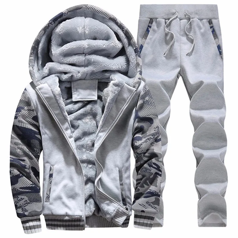 Casual Tracksuit Mens set Winter Brand Two Piece Sets All Cotton Inner Fleece Thick Hooded 2PC Jacket + Pants Sporting Suit Male