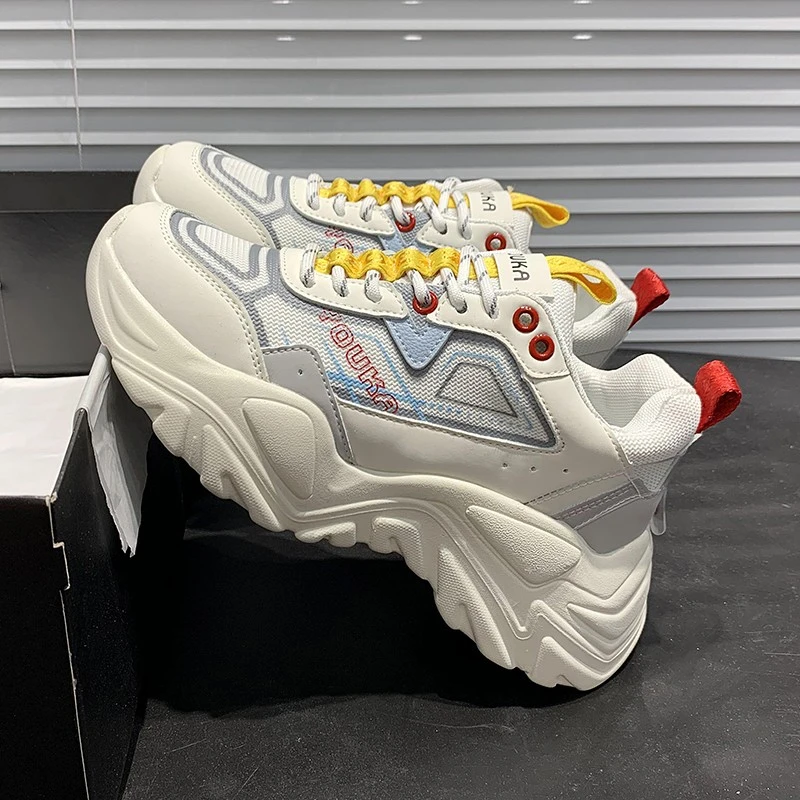 

Women Fashion Sneakers Chunky Mesh Casual Shoes Woman Lacing Platform Breathable Vulcanize Shoes 2020 Brand Designers Ladies 5cm
