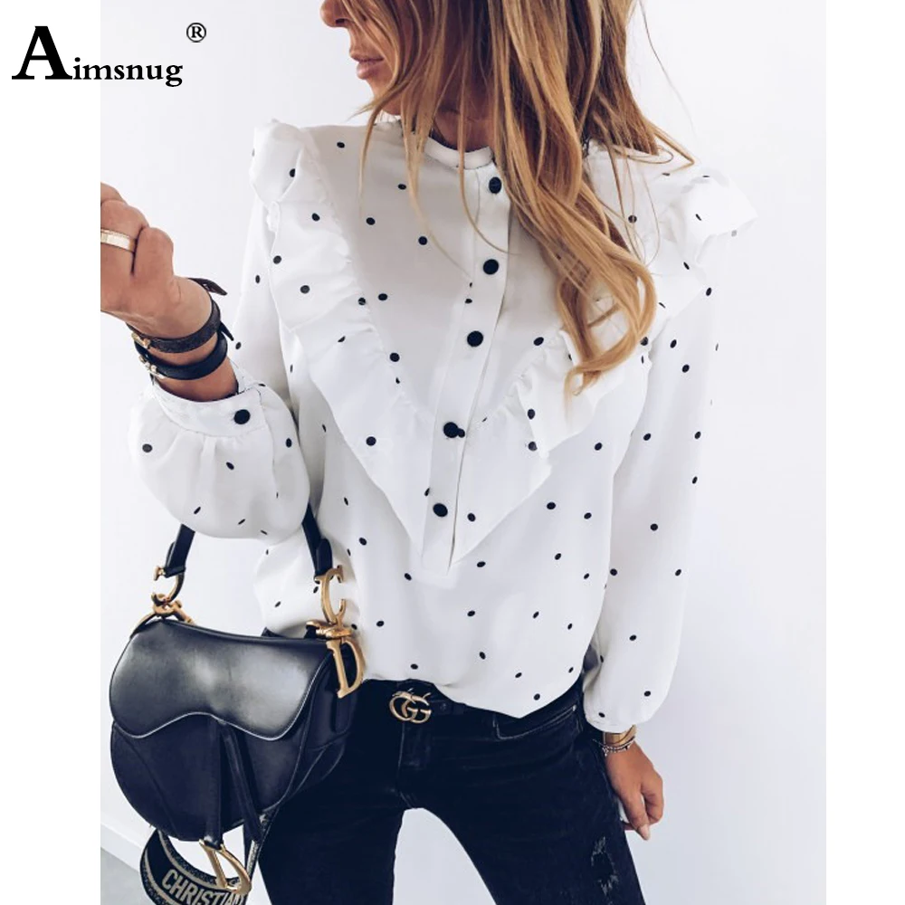 

Aimsnug Пуловеры Блузка женская верхняя Офисная Женская белая элегантная однобортная блузка с оборками и длинным рукавом с рисунком в горошек