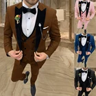2021 коричневый Свадебный костюм жениха платье комплект со смокингом для выполненный на заказ мужские вечерние Блейзер модная куртка двубортный жилет штаны, 3 вещи в комплекте, комплекты
