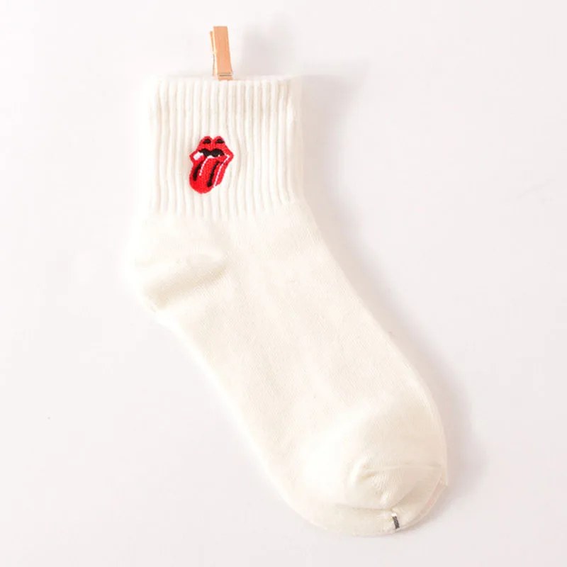 White Tongue Мужские белые носки в стиле Харадзюку, унисекс, летние короткие носки, хипстер, скейтборд, забавные короткие носки, вышивка, кокс, убийца, кактус, монстр - Цвет: White Tongue