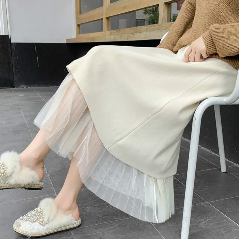 

High-waist Women Skirts Knitted Pleated mesh Streetwear Fashion Slim Vintage All-match New Autumn Winter Korean Style Fashion