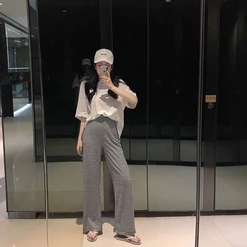 

High waisted black and white striped wide leg pants with loose drape feeling women's long pants straight tube showing thin net