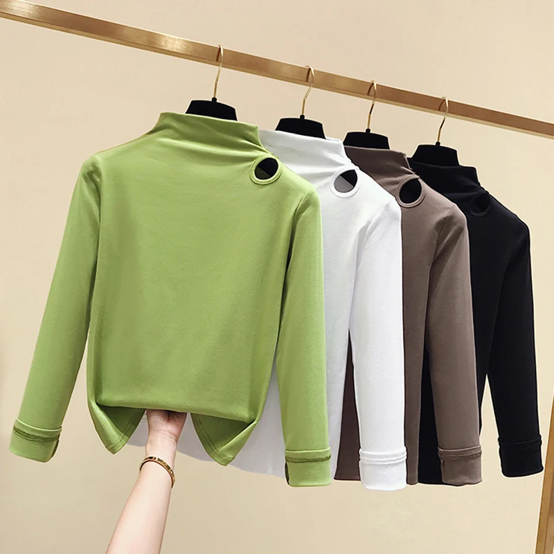 

Shintimes Turtleneck T Shirt Women Hole T-Shirt Female Camisas Mujer 2019 Autumn Womens Long Sleeve Tops Tshirt Tee Shirt Femme