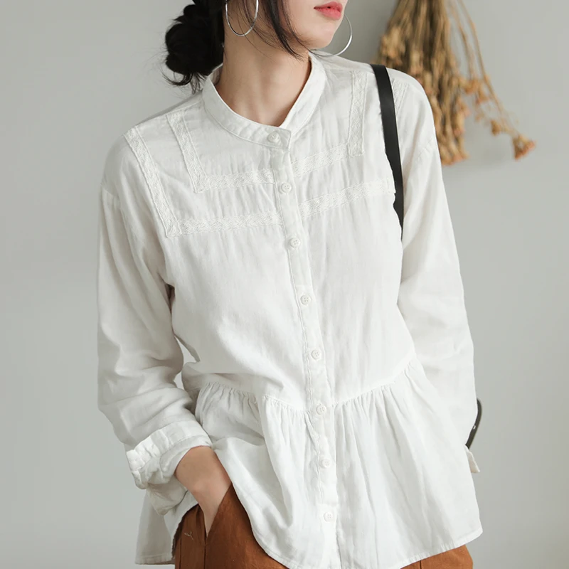 Кружевная Лоскутная белая хлопковая трикотажная рубашка с воротником стойкой и