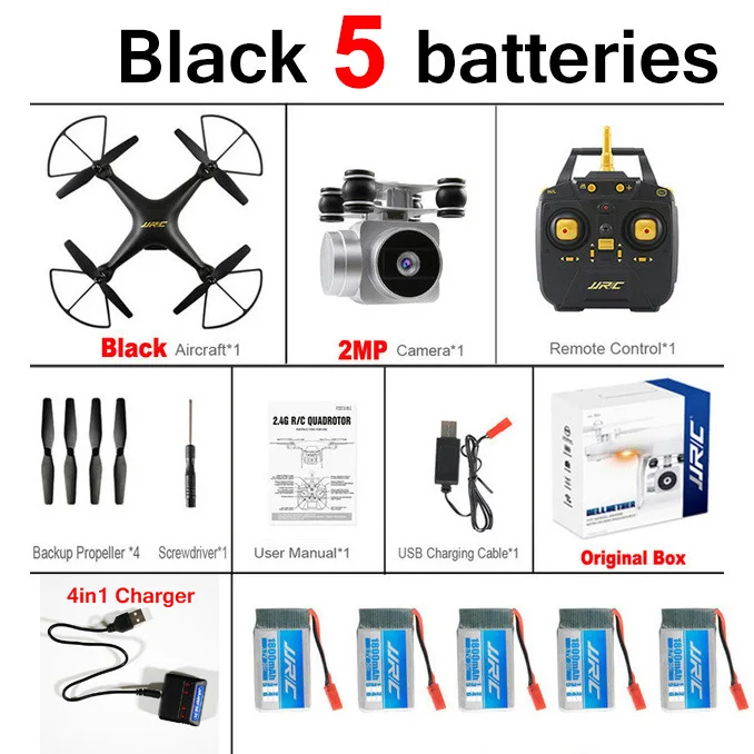 JJRC H68 720P Wifi FPV RC Дрон с камерой Квадрокоптер высота Дрон держать Безголовый режим вертолет Профессиональный Квадрокоптер - Цвет: Black 5 batteries