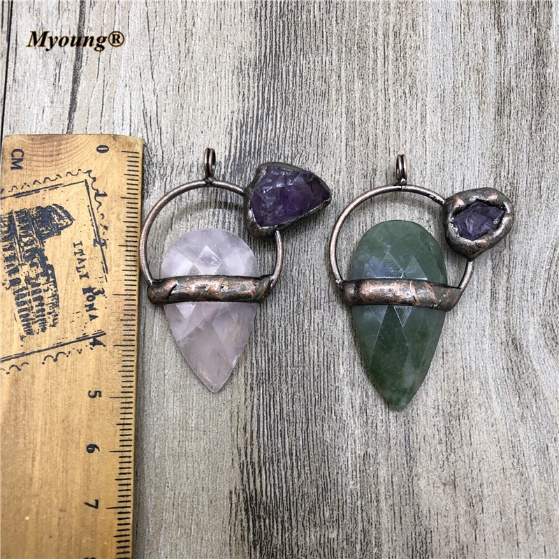 

Teardrop Faceted Crystal Quartz Amazonits Agates Stone Pendants Amethysts Paved Antique Copper Boho Jewelry Making MY210447