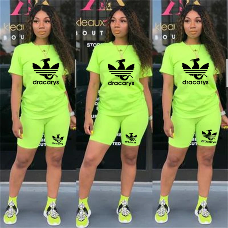 

Casual Tracksuit Women Two Piece Set Summer T-Shirts and Shorts Sets Solid Color Print Short Sleeve Top Tees Female Suits S-4XL