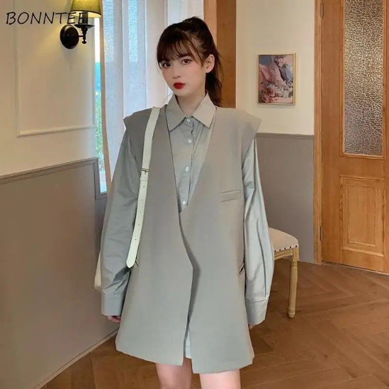 

Женский универсальный модный простой Свободный жилет в Корейском стиле Harajuku, весенний популярный однотонный офисный жилет с V-образным выр...