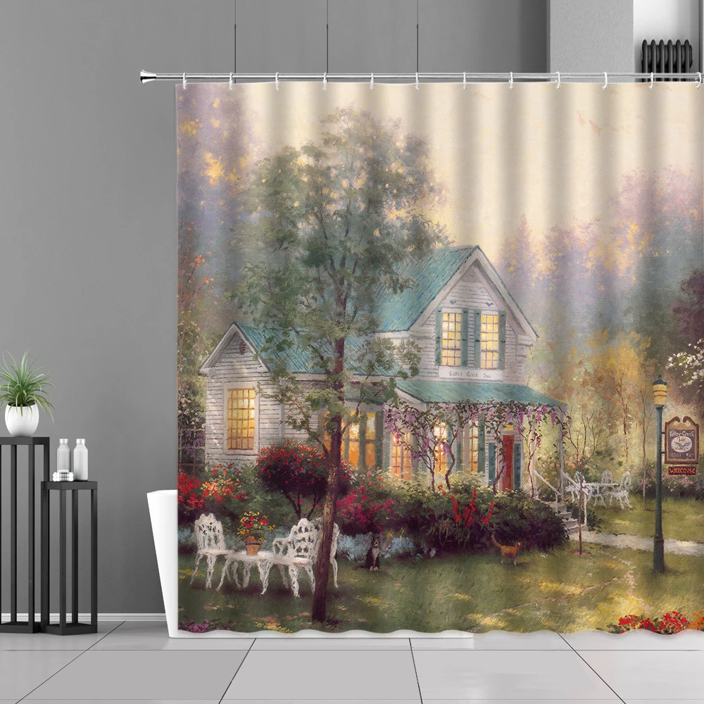 

Занавеска для душа в европейском стиле с изображением деревенских теплых домов, пейзажа, занавеска для ванной из полиэстера, экран для ванн...
