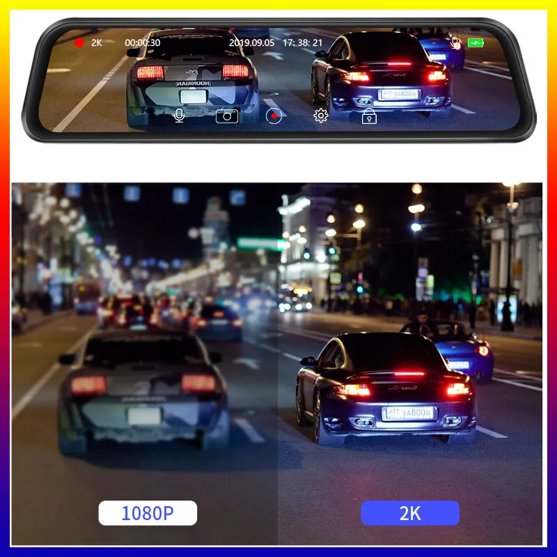 

12'' Touch Screen Car DVR Streaming Media 2K Ultra HD Dual Lens Camera Recorder Add Backup Camera GPS Track Replay by Develuck