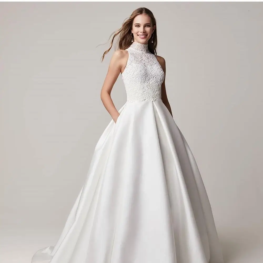 

Satin Wedding Dress 2021 High Neck Bridal Gowns With Pocket Floor Length Elegant Sleeveless Sweep Train Charming Custom Made