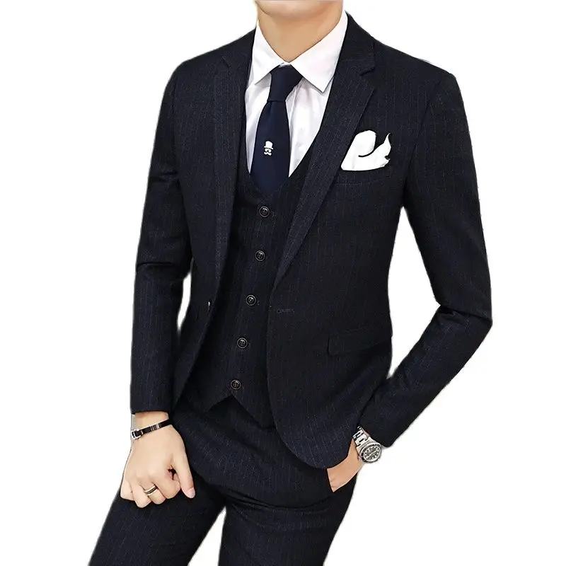Темно синий полосатый костюм 3 1 предмет Для мужчин (пиджак + жилет штаны) деловые