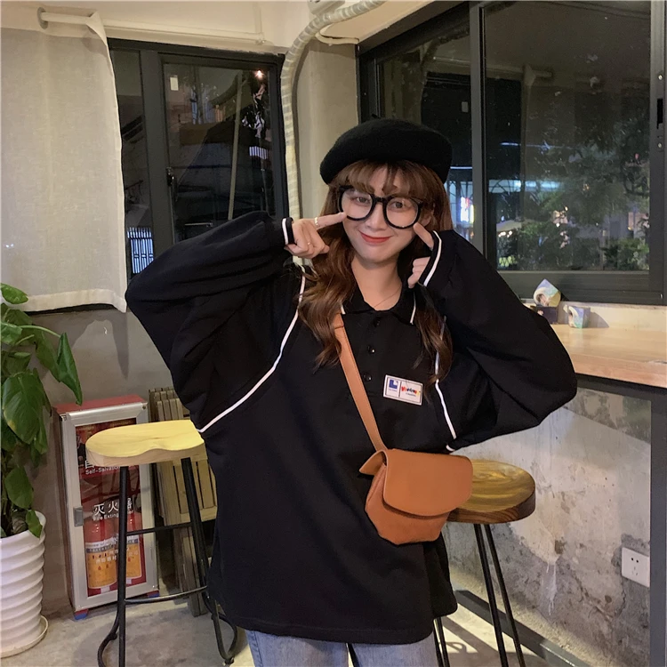 

casual full pullovers loose tops turn-down collar Harajuku style Spring and autumn Women's Clothing Sweatshirts high quality new