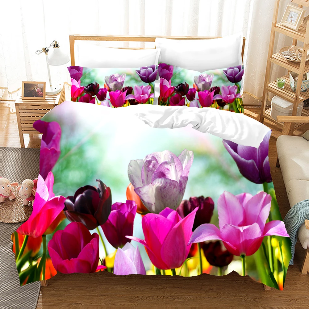 Цветочный Красный тюльпан Комплект постельного белья Элегантный пейзаж 3d