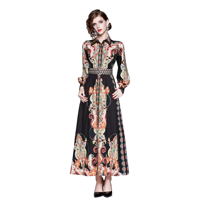 

2021 Fall Summer Vintage Floral Print Maxi Dress Button Puff Sleeve Robe Femme Woman Elgant Long Dresses Muslim Arabic Clothes